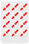 Sheet of 12 clear hydrocolloid acne patches with red arrow design numbered 1 and 2 for easy peel and apply touch free hygienic application on white background.