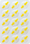 Sheet of 15 clear hydrocolloid acne patches with yellow arrow design numbered 1 and 2 for easy peel and apply touch free application on white background