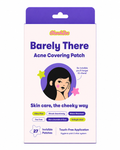 CheekZee Barely There Acne Covering Patch front packaging in soft pink and purple with illustrated girl wearing star patch featuring ultra thin hydrocolloid patches with tea tree oil niacinamide cica and salicylic acid 27 invisible patches touch free application