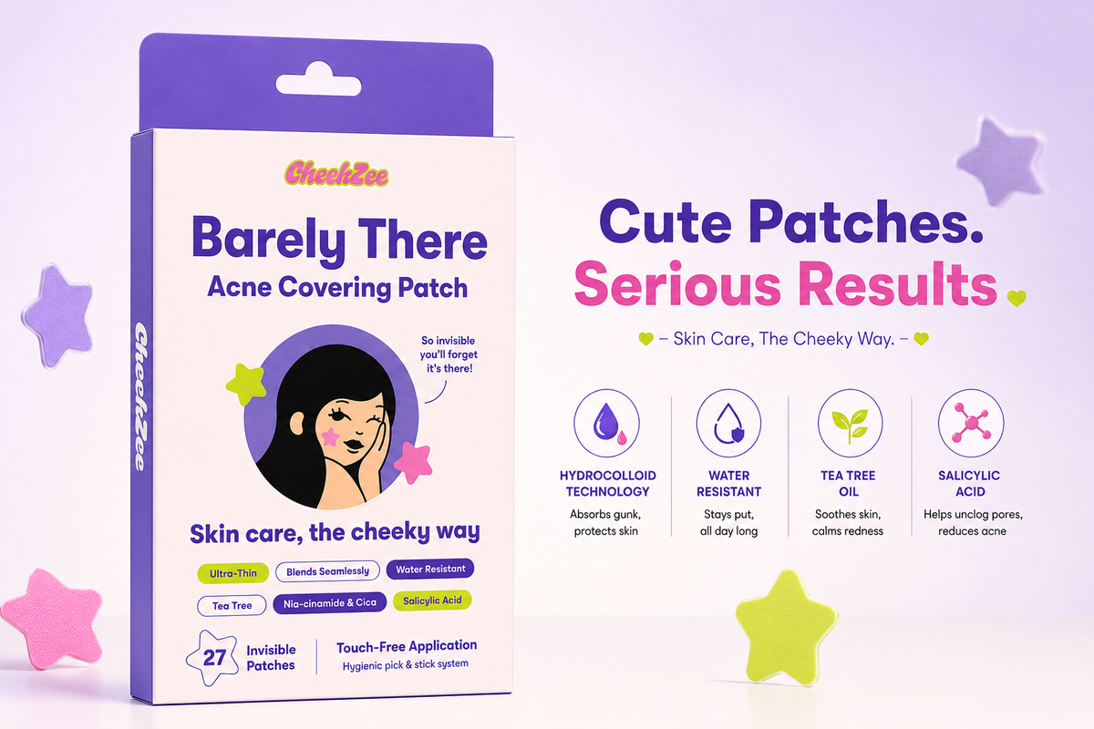 CheekZee Barely There Acne Covering Patch box on lavender background with star shaped patches and ingredient icons showing hydrocolloid technology water resistant tea tree oil and salicylic acid with tagline Cute Patches Serious Results Skin Care The Cheeky Way