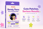 CheekZee Barely There Acne Covering Patch box on lavender background with star shaped patches and ingredient icons showing hydrocolloid technology water resistant tea tree oil and salicylic acid with tagline Cute Patches Serious Results Skin Care The Cheeky Way