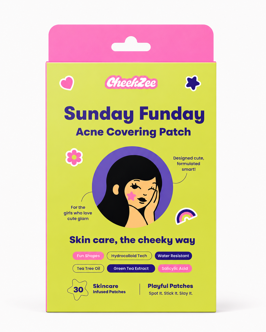 CheekZee Sunday Funday Acne Covering Patch front packaging in lime green and pink with illustrated girl wearing a star patch, featuring fun shapes, hydrocolloid tech, water resistant formula, tea tree oil, green tea extract, and salicylic acid, 30 infused patches.