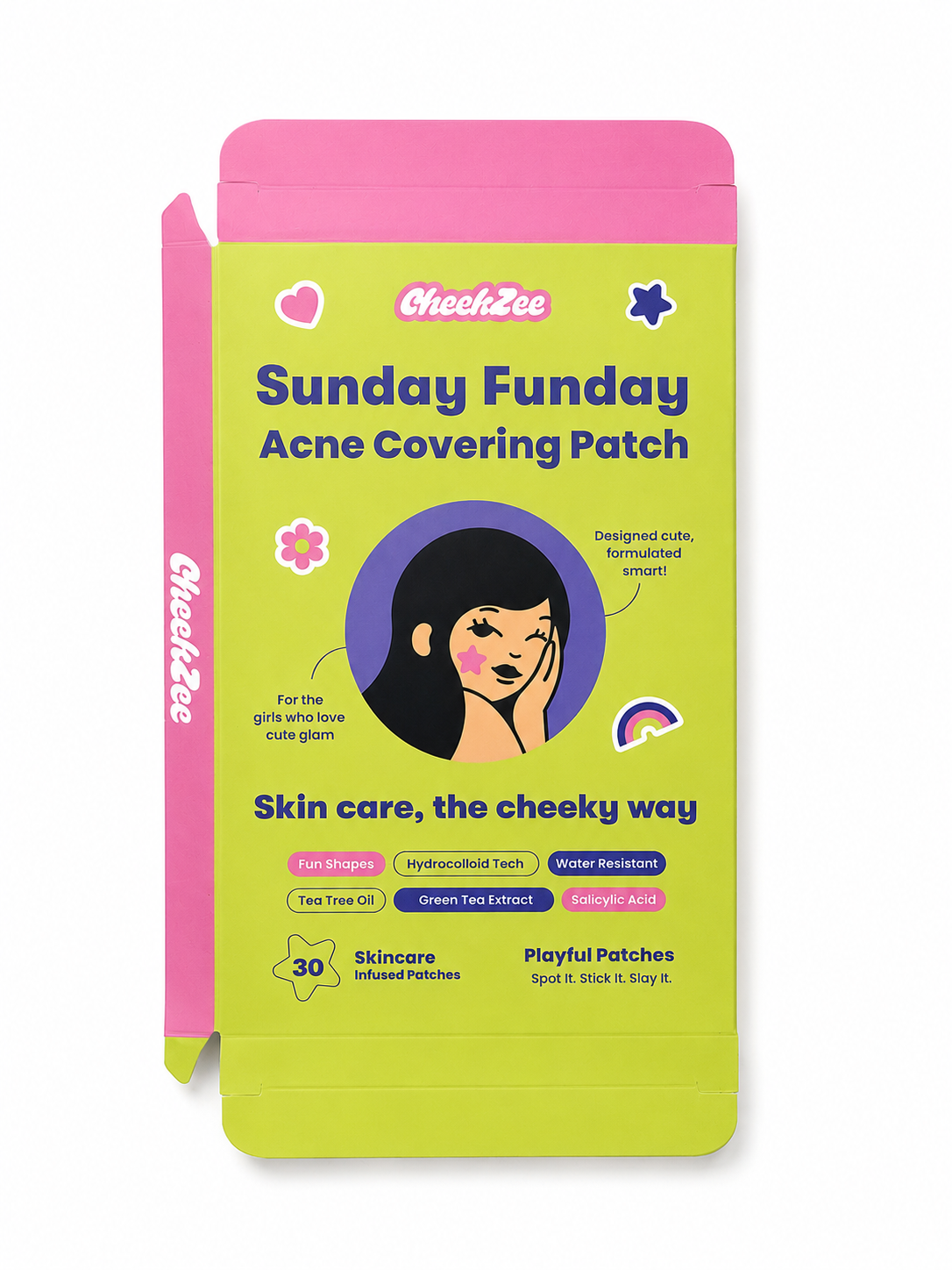 CheekZee Sunday Funday Acne Covering Patch packaging open box view in lime green and hot pink, featuring hydrocolloid tech, tea tree oil, salicylic acid, and green tea extract, 30 skincare infused patches. 