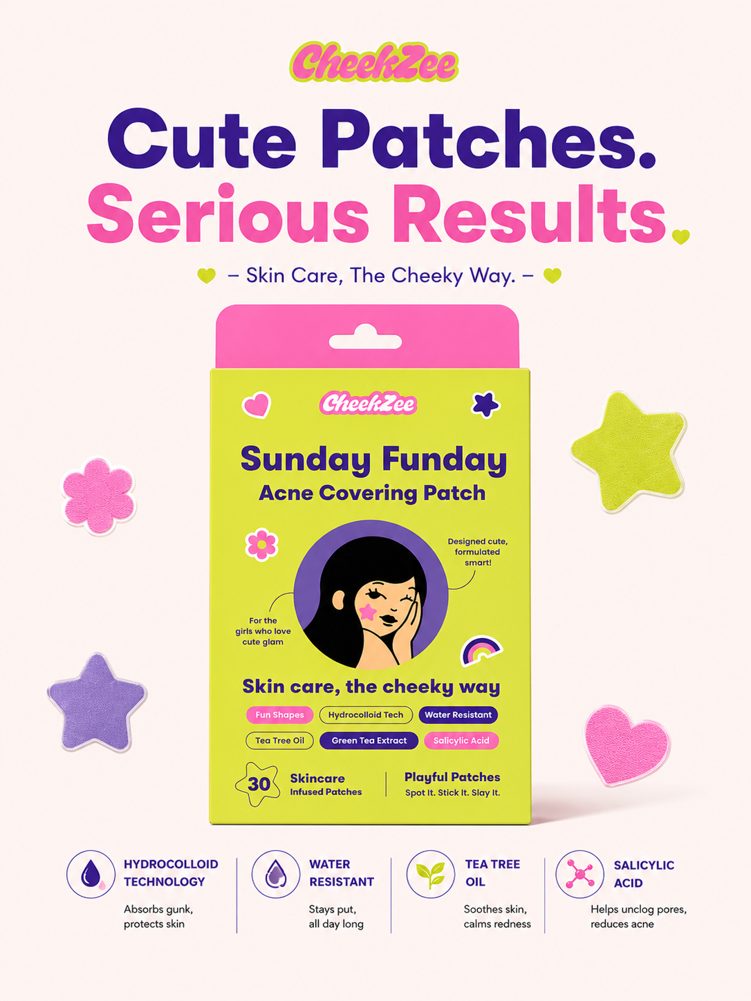 CheekZee Sunday Funday Acne Covering Patch promotional banner showing lime green product box surrounded by star, flower, and heart-shaped acne patches with text Cute Patches Serious Results and ingredient icons for hydrocolloid technology, water resistant, tea tree oil, and salicylic acid.