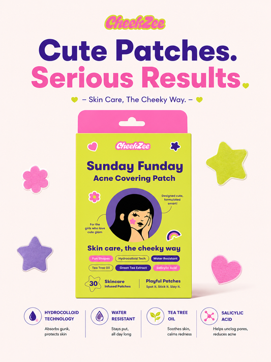 CheekZee Sunday Funday Acne Covering Patch promotional banner showing lime green product box surrounded by star, flower, and heart-shaped acne patches with text Cute Patches Serious Results and ingredient icons for hydrocolloid technology, water resistant, tea tree oil, and salicylic acid.