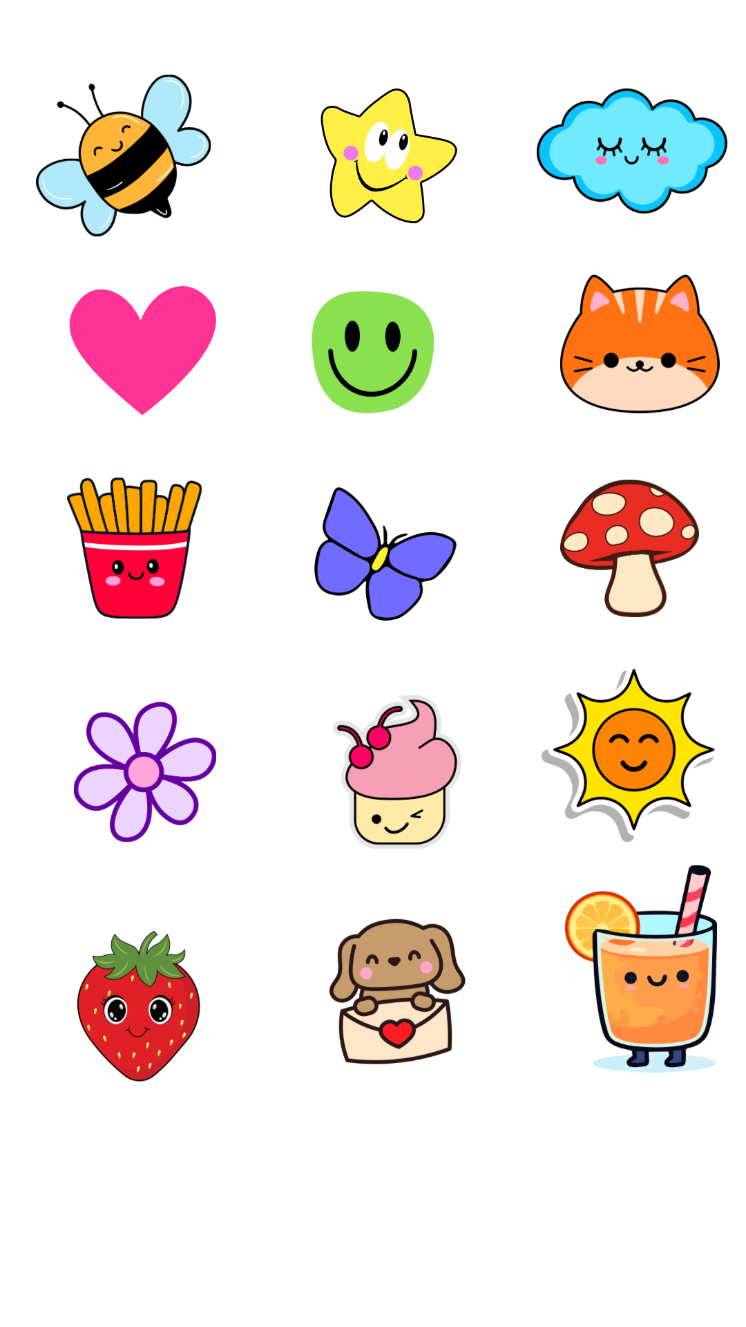 Collection of 15 kawaii-style cute acne patch shapes including a bee, star, cloud, pink heart, smiley face, cat, fries, butterfly, mushroom, flower, cupcake, sun, strawberry, puppy, and juice cup on white background.